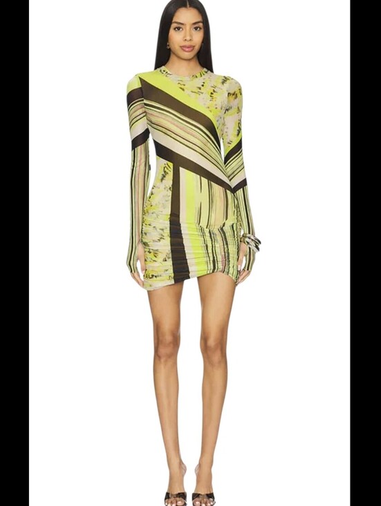 AFRM Dresses & Skirts - AFRM Mirza Mesh Ruched Bodycon Mini Dress Abstract Print Long Sleeve Size M
